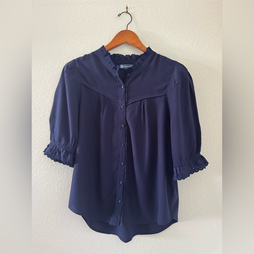 Democracy Navy Button-Front Ruffle Trim Blouse